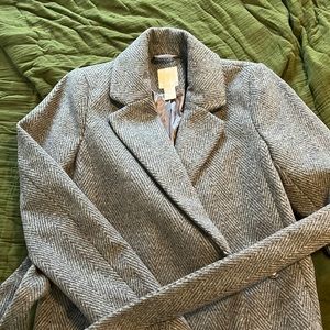 Long dark gray chevron wool blend coat with belt